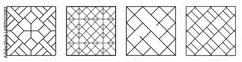 Four distinct geometric patterns with interconnected black lines on white background