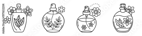 Floral botanical perfume set illustration in black and white coloring page