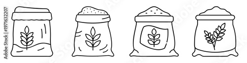 Line art illustration of flour sacks with wheat plants on them