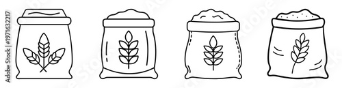 Black and white line drawing of four flour or grain sacks