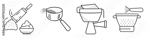 Kitchen baking tools icons set depicting the preparation of baking goods