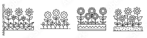 Black and White Line Art Illustration of Various Flower Bed Designs