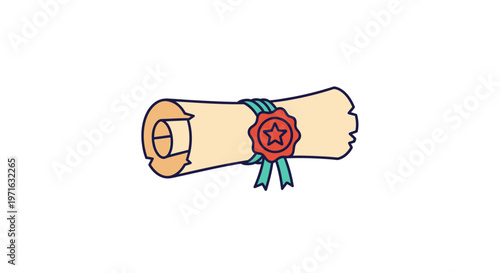 A rolled up parchment with a red seal.