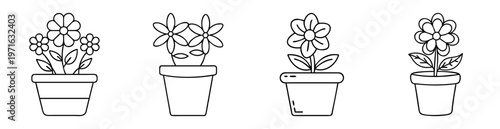 Four flower pot arrangements with various flower and pot designs in outline