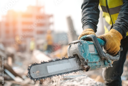Power saw mockup held by construction worker
