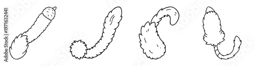 Black and white illustration of various cartoon stylized fluffy animal tails