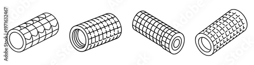 Isometric illustration of hollow cylinders with grid patterns in black and white