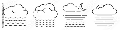 Weather Icons Featuring Clouds Rain Moon and Fog in Outline Style