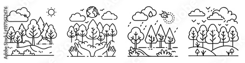 Nature scenes depicting diverse weather elements in a minimalist line art style