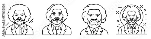 Line art illustration featuring four portraits of historical figures with afros