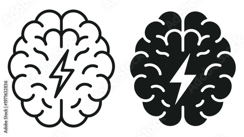 Brain with lightning icon set vector icon set line and glyph solid icon set, cognitive energy and smart idea concept icons