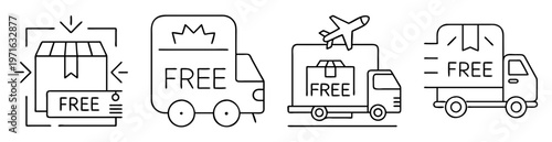 Various free delivery methods represented by outline icons, from trucks to planes