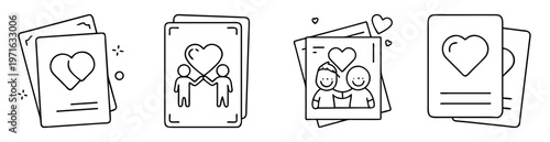 Romantic cards with hearts and stick figures depicting couple relationships in line art