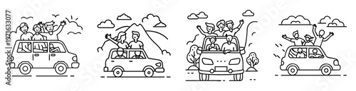Line art drawing showcasing families enjoying a summer road trip adventure