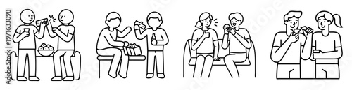 Black and white line drawing of people together eating and drinking