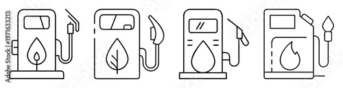 line art illustration featuring four different fuel pump concepts in black and white