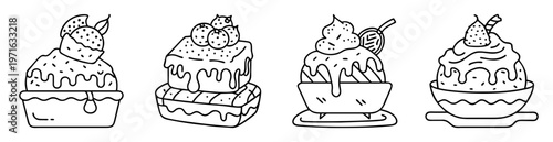 Collection of four stylized desserts with chocolate drizzle and fruit topping outlines