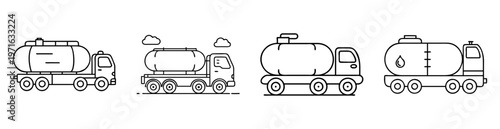 Black and white vector illustration showing four stylized tanker trucks in a row