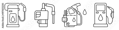 Four line art gas pumps icons demonstrating different pump designs