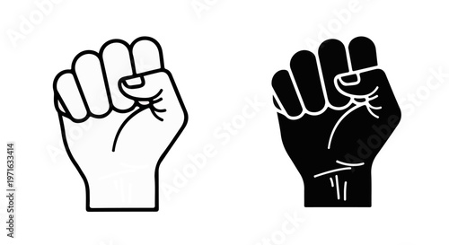 Outline and silhouette of a raised fist on white background