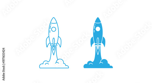 Two blue rocket ship icons taking off with smoke with one icon is a line