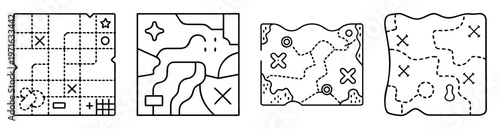 Four unique stylized treasure maps with various symbols and marked locations