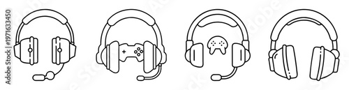 Outline illustrations depicting various types of gaming headsets with microphones