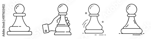 Four distinct white chess pawn illustrations in different stages and actions