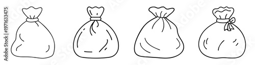 Collection of various sacks or bags tied at the top in line art