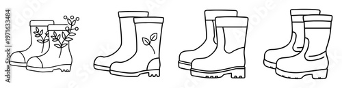 Vector illustration of four pairs of garden boots, simple line drawing