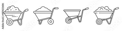 Outline illustration featuring a collection of four distinct wheelbarrow designs