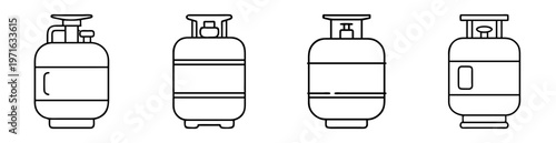 Black and white line drawing of four gas tanks with different valves