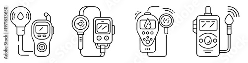 Various blood test devices in a linear style isolated on a white background