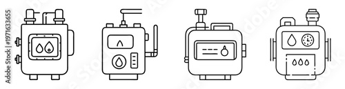 Vector illustration of four distinct gas meters with unique designs and features