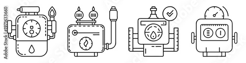 A collection of four distinct gas meter illustrations in black outline