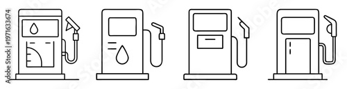 Set of four distinct and minimalist line art drawings of gas pumps
