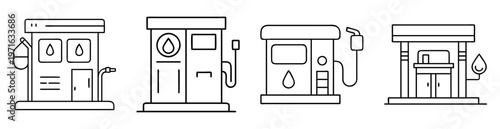 Collection of outline gas station pumps with fuel drop icons and hoses