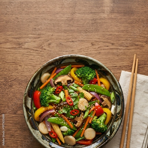 Vibrant Stir-Fry Bowl with Mixed Vegetables, Mushrooms, and Sesame Seeds, Served with Chopsticks on Wooden Table