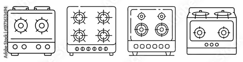 Line art illustrations of stovetops with various burner configurations and control placements