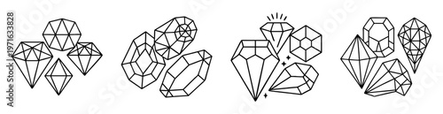 Variety of geometric diamond shapes with minimalist line art on a white background