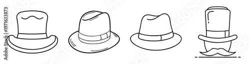 Collection of four different hats in a black outline cartoon style