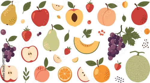 Natural Fruit Vector Illustration Set with Apple, Pear, Grapes, Orange, Melon, Peach and Leaves for Organic Food Design and Healthy Lifestyle Projects.