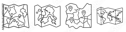 Collection of four black and white hand drawn illustrations of maps