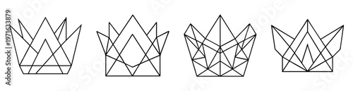 Four minimalist geometric crowns, composed of interconnected triangles and polygons