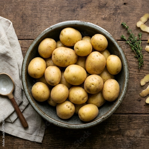 A bowl of small yellow potatoes on a rustic wooden table with a spoon and herbs