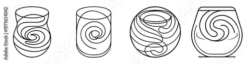Four different shaped vases each with swirling patterns minimalist line art