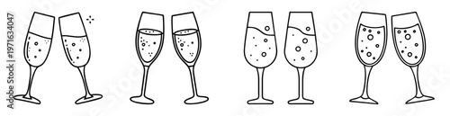 Black and white vector drawing of champagne glasses toasting together