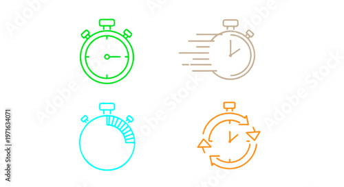 Set of four stopwatch icons in different colors, representing time and speed