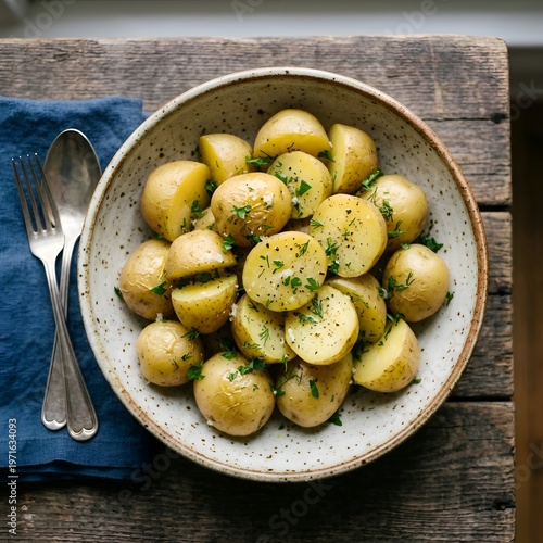 Delicious Boiled Potatoes with Fresh Herbs in a Speckled Ceramic Bowl on a Wooden Table with Metal Utensils