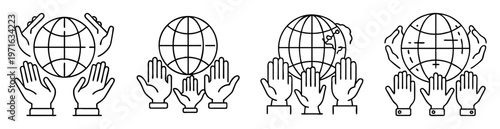 Four variations of graphic illustration of hands protecting a globe, black outline